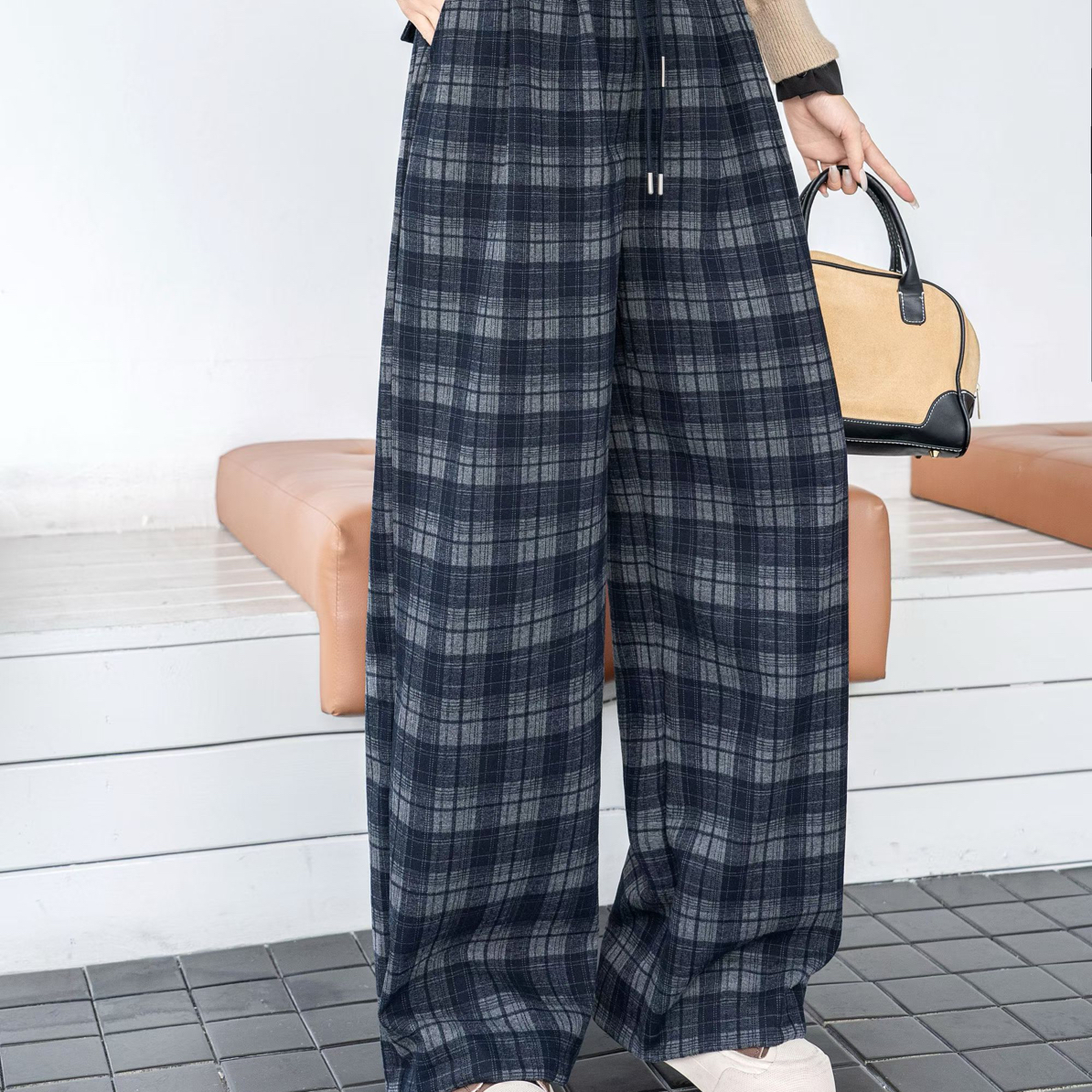 冬季时尚格纹抽绳阔腿裤百搭长裤