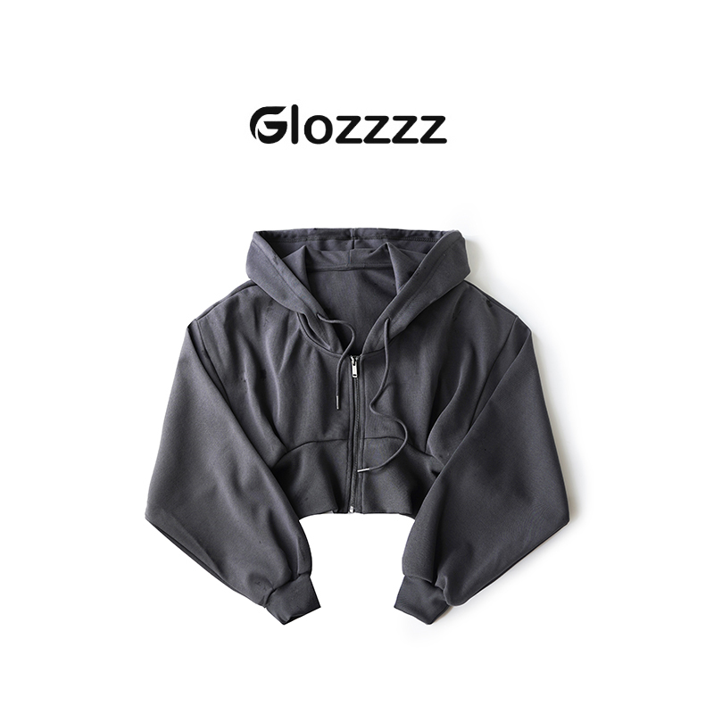 【Glozzzz】西西里 欧美风高腰长袖连帽卫衣短款拉链上衣外套L T279