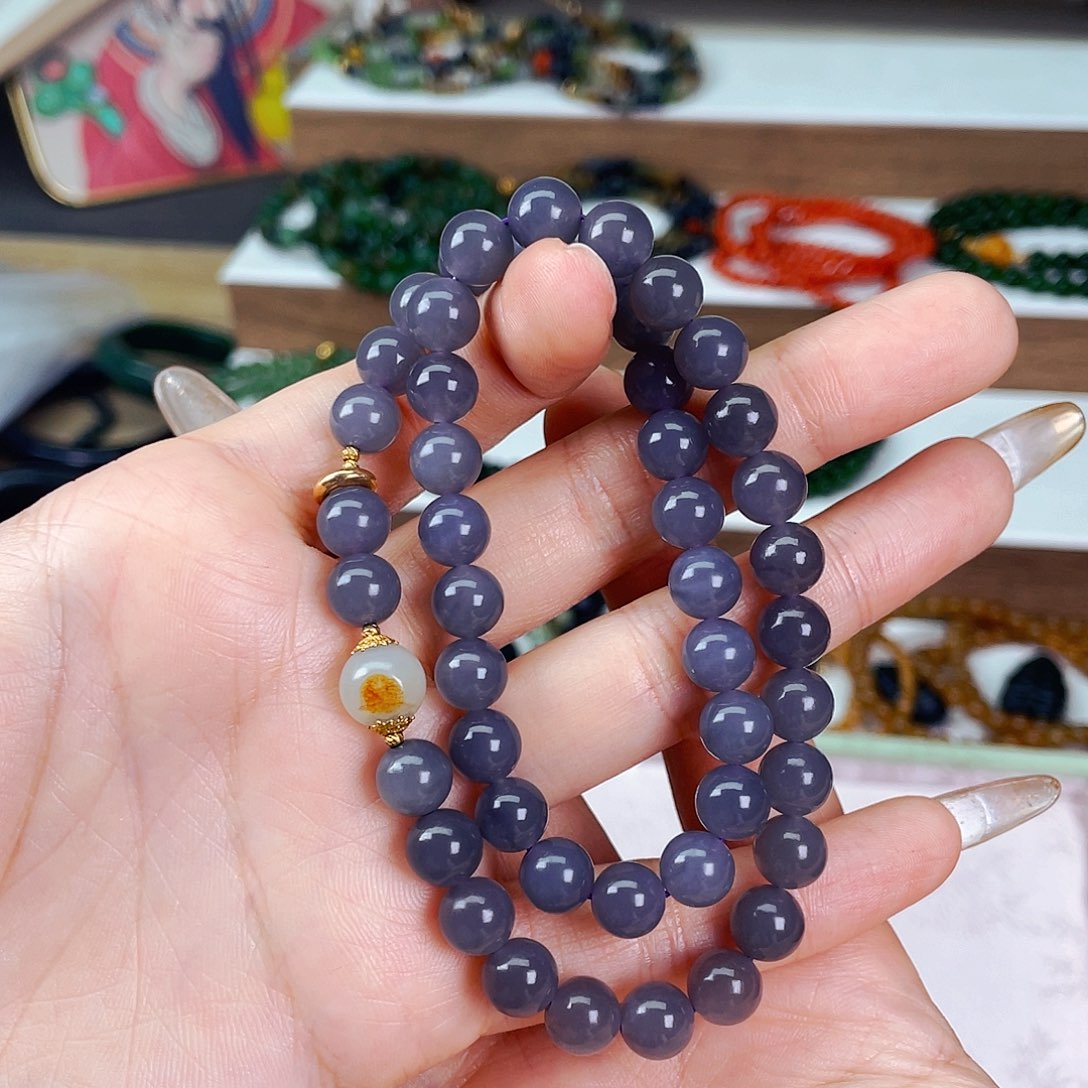 和田玉8mm烟紫正紫色设计款双圈未镶嵌