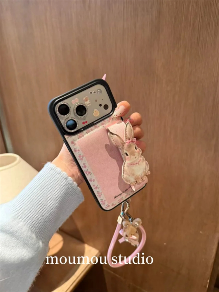 皮质气垫卡通碎花立体小兔子适用iPhone17pro手机壳16promax手提