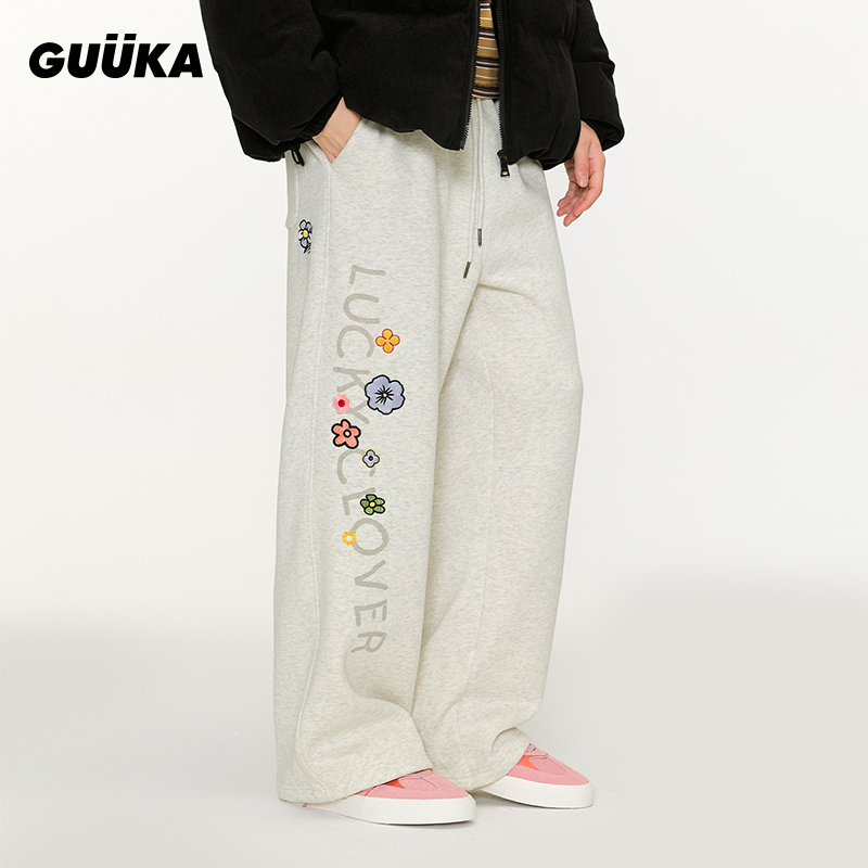 灰色美式加厚加绒卫裤男冬季花卉刺绣阔腿裤子绵羊毛直筒裤S5819