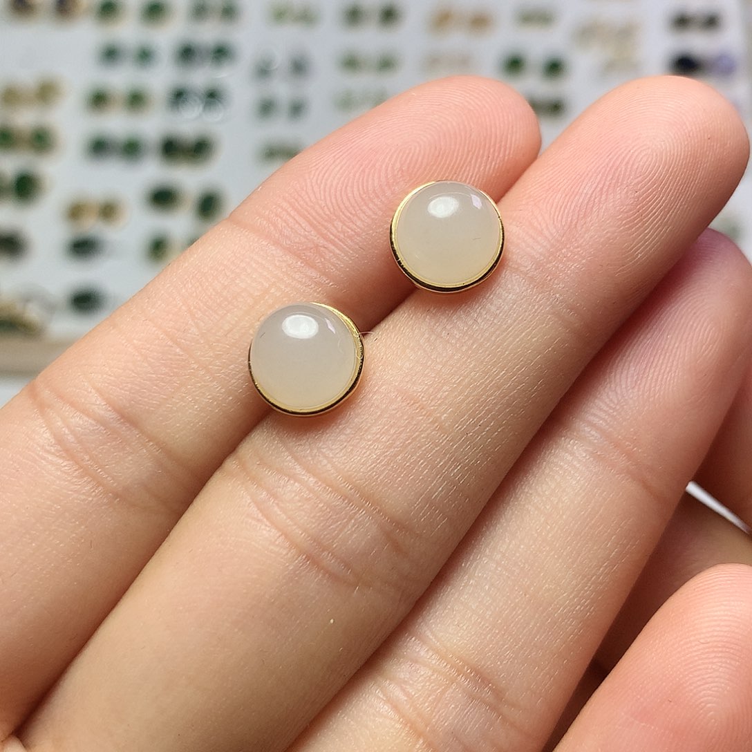 银S925镀金镶嵌和田玉（白玉）耳饰