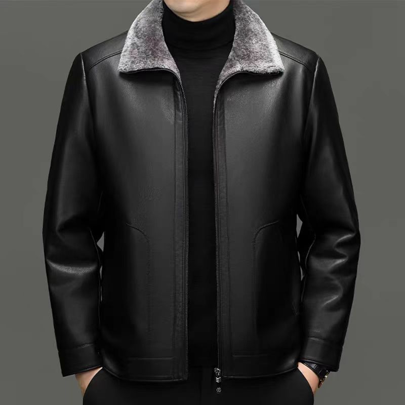 休闲冬季男翻领皮衣时尚加绒加厚抗寒保暖防风皮袄外套上衣812