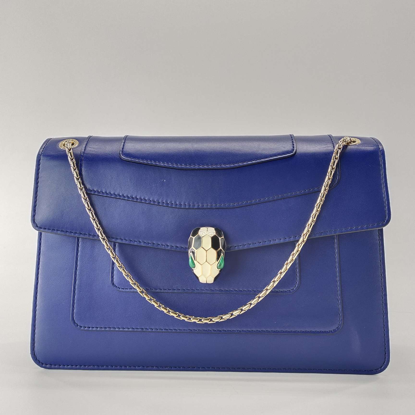 95新 BVLGARI/宝格丽  中号蛇头方包蓝色  单肩斜挎包时尚手提包 