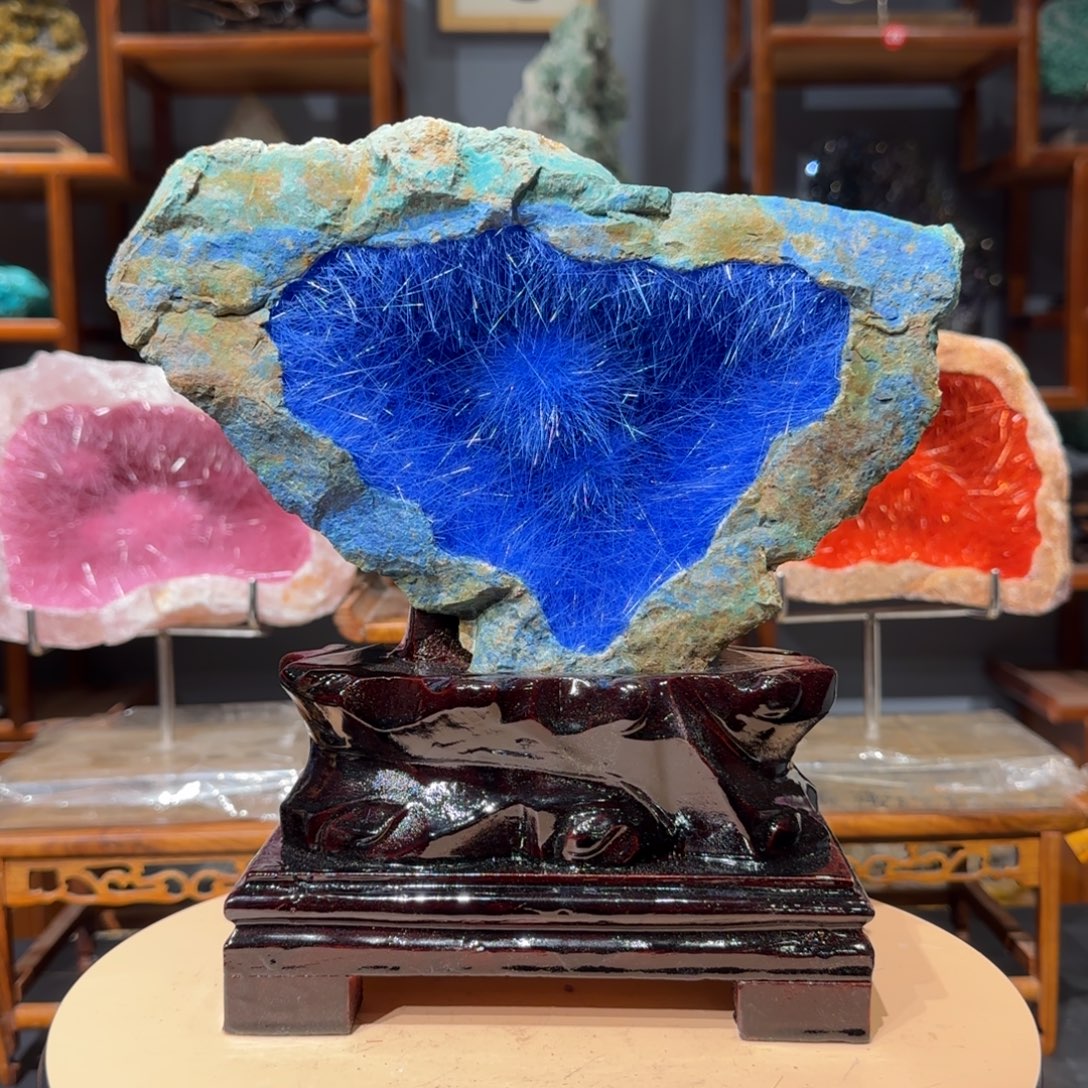 石材巴西蓝铜矿发晶共生矿