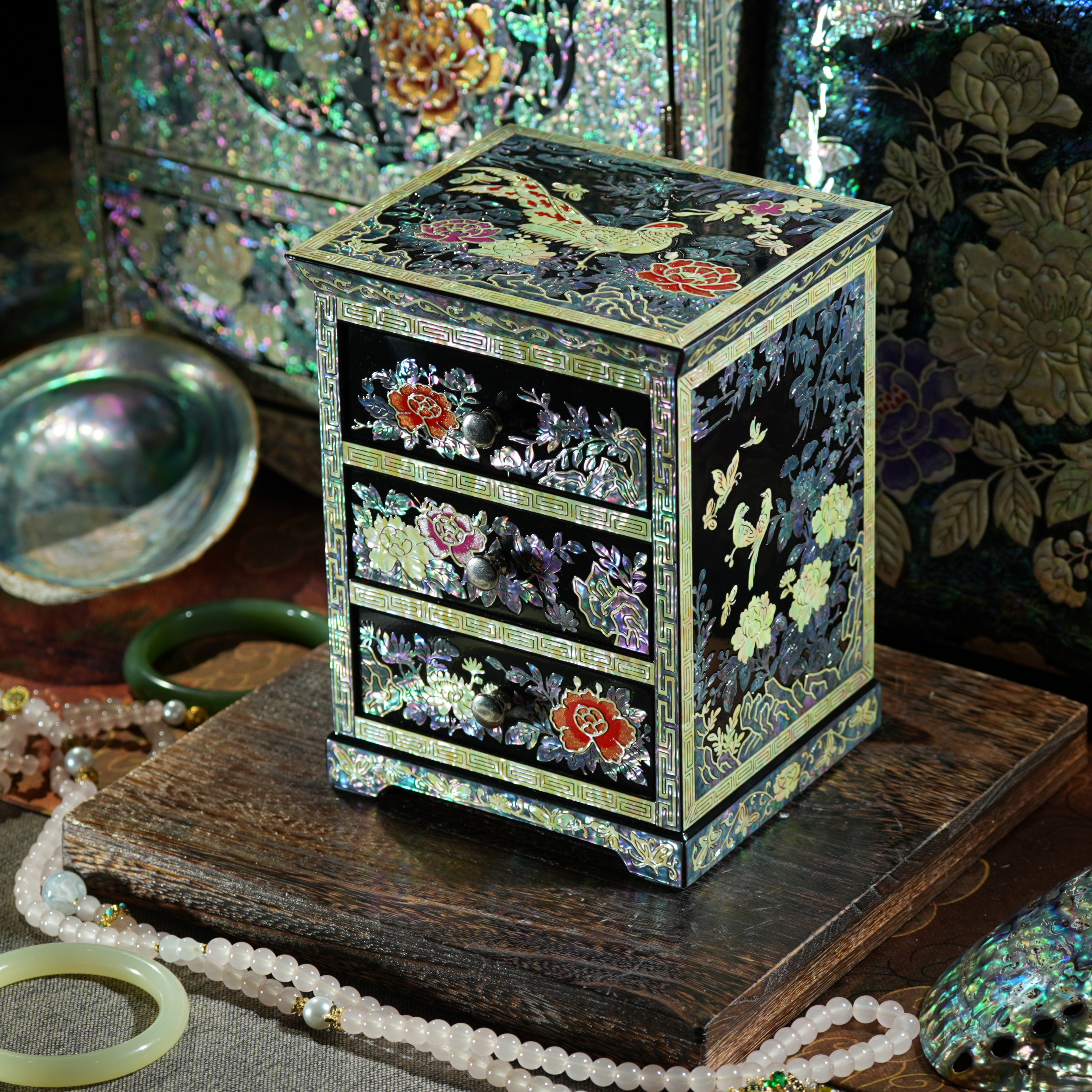 黑色锦鸡 柜式多层螺钿工艺首饰盒收藏送礼收纳盒收藏摆件