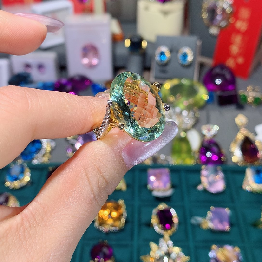 绿水晶戒指银S925镶嵌戒指