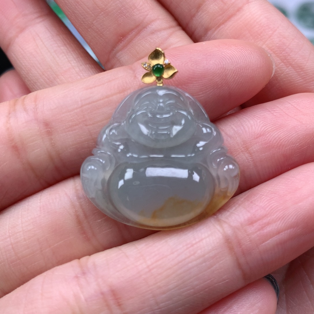翡翠吊坠(不含链)18K金镶嵌佛公