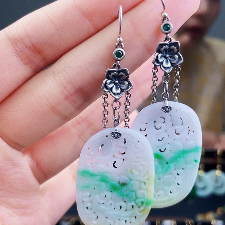 翡翠耳饰银S925镶嵌饰品