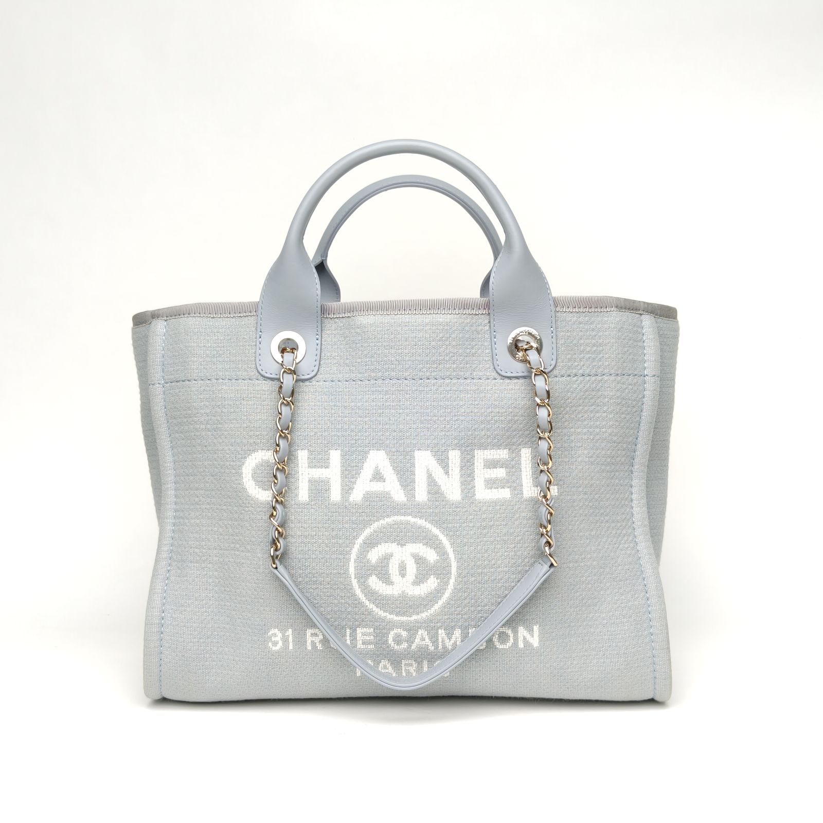 95新 Chanel/香奈儿 【黑黑】沙滩包 中号 蓝色 帆布 芯片开