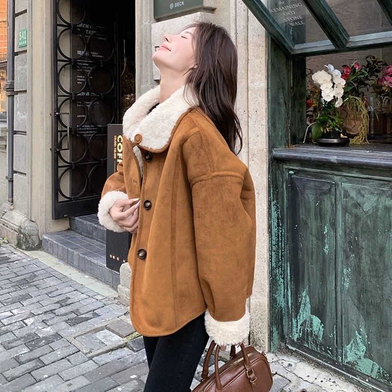 【现货+运费险】韩系仿皮毛一体羊羔毛机车服仿皮草外套女YY887