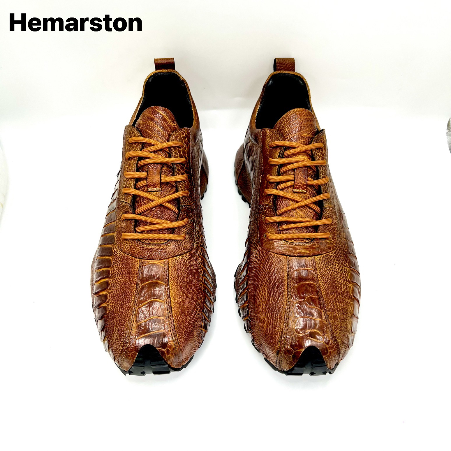 爱马斯•丹顿手工擦色鸵鸟脚皮系带款男士高端真皮包底鞋套包鞋