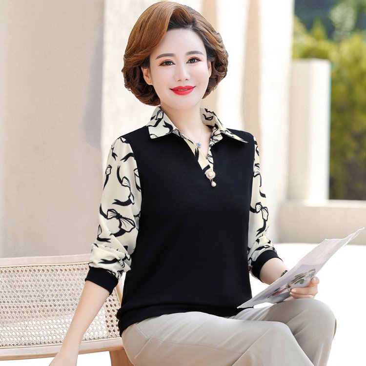 拼色衬衫领T恤妈妈装针织长袖春秋洋气减龄中老年上衣宽松翻领