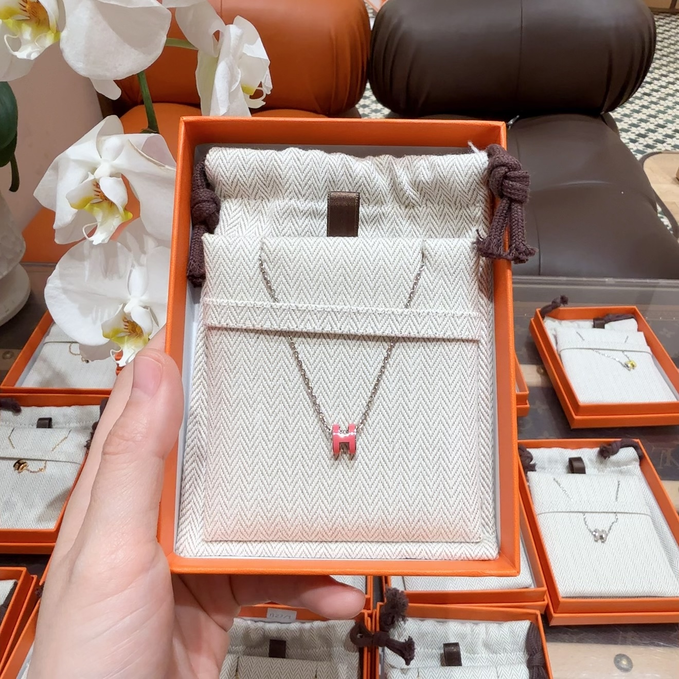 全新未使用 Hermes/爱马仕 mini  pop H 项链 墨西哥粉银色
