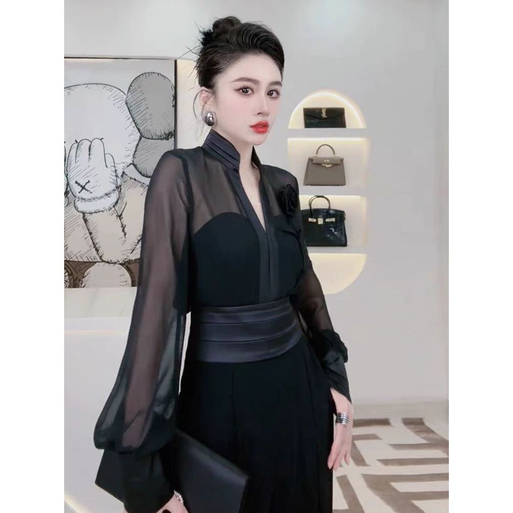 【黑玫瑰】黑色薄纱长袖衬衫设计感雪纺防晒立体玫瑰花气质上衣8173