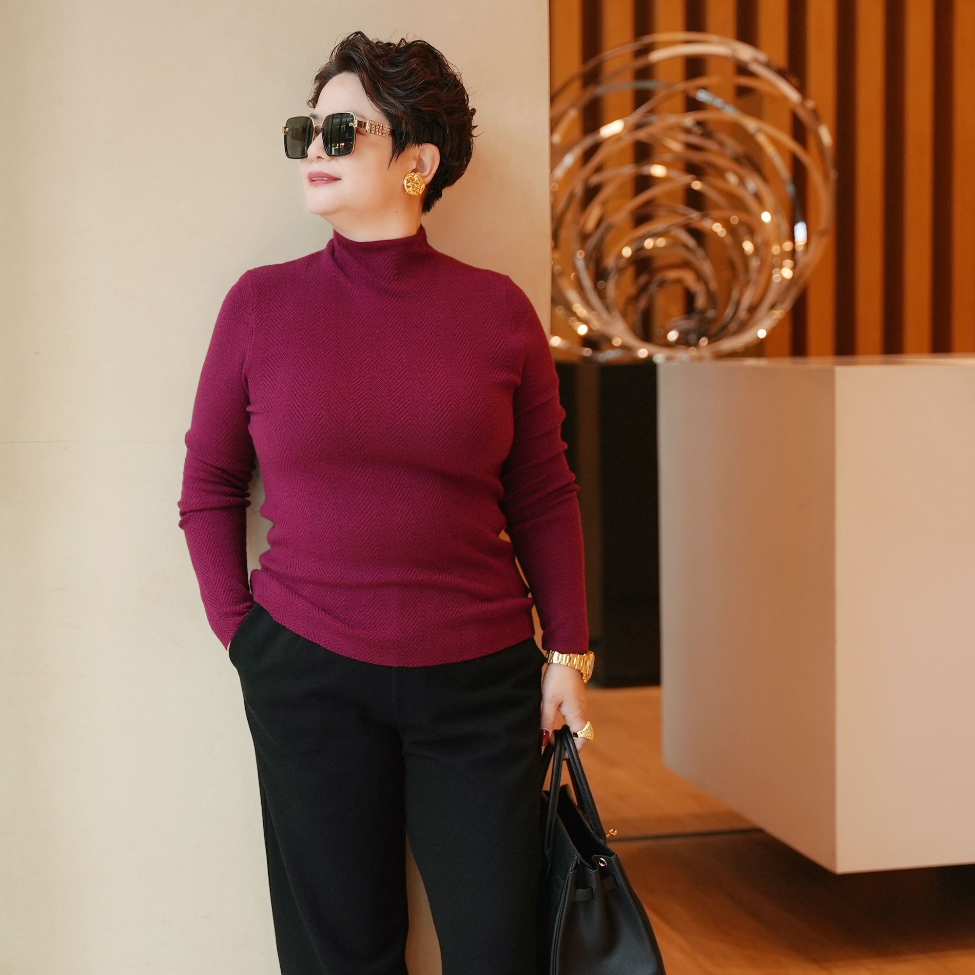 2025早秋新款酒红雅黑针织衫圆领百搭大码女装长袖上衣SY211