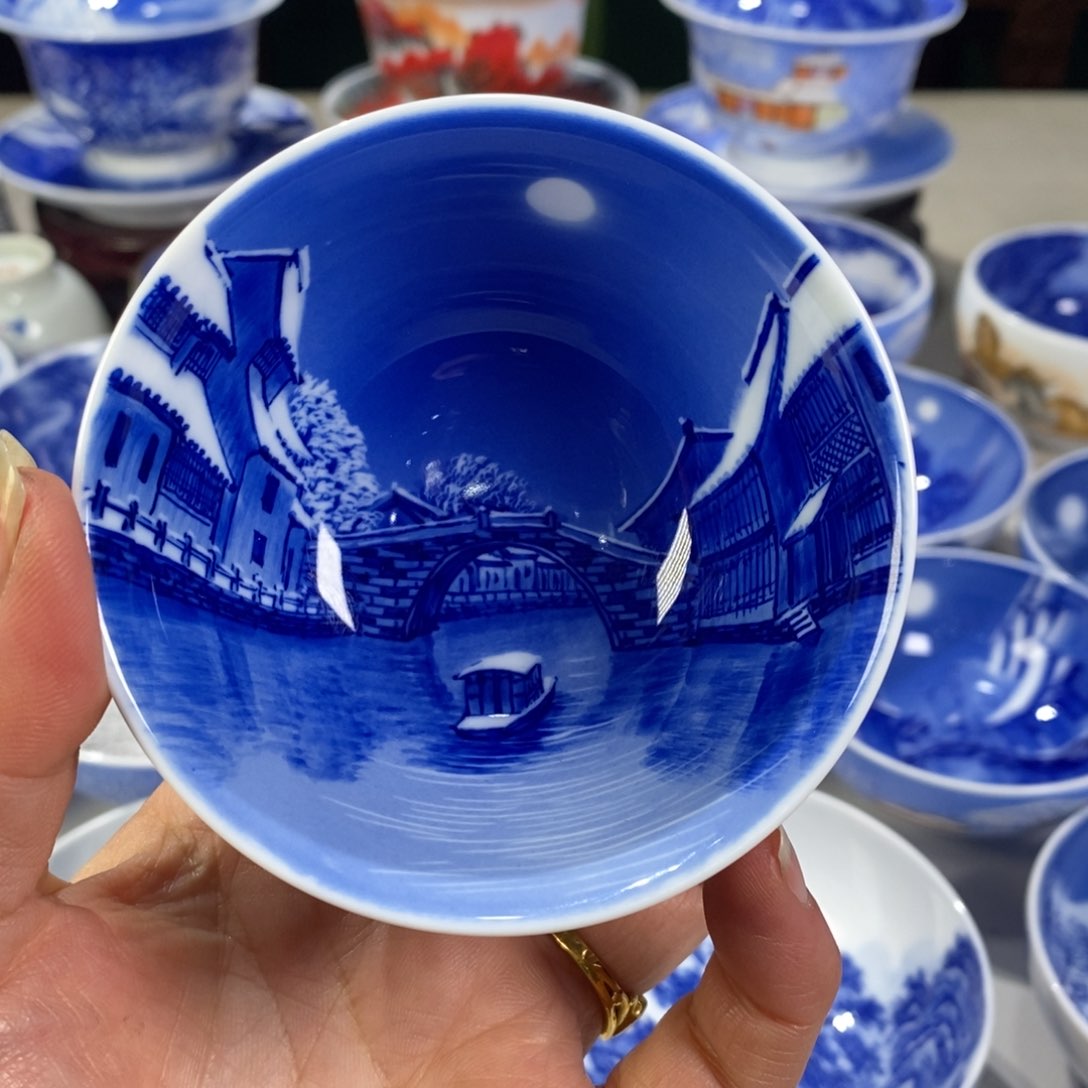 瓷片青花水乡主人杯杯