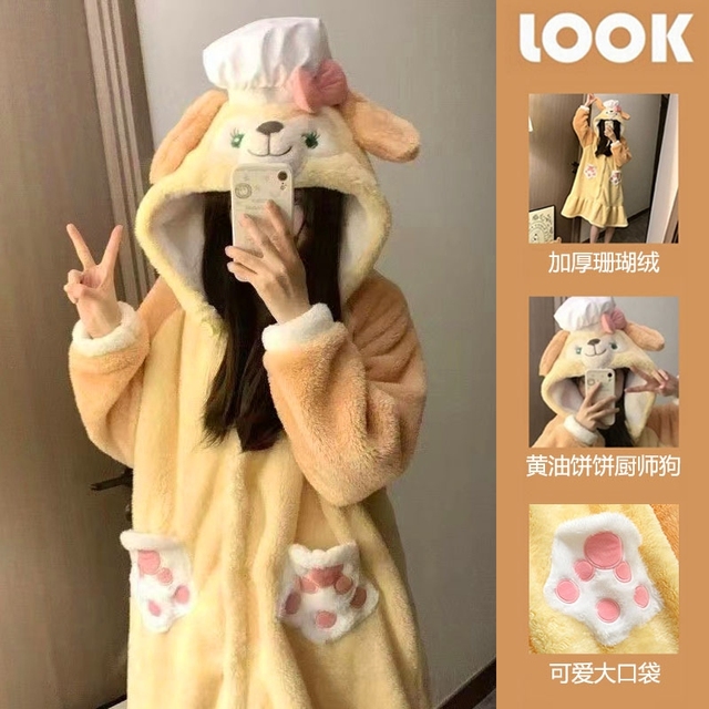 黄油饼饼珊瑚绒睡衣秋冬款女新款冬季厚睡裙厨师狗睡袍家居服