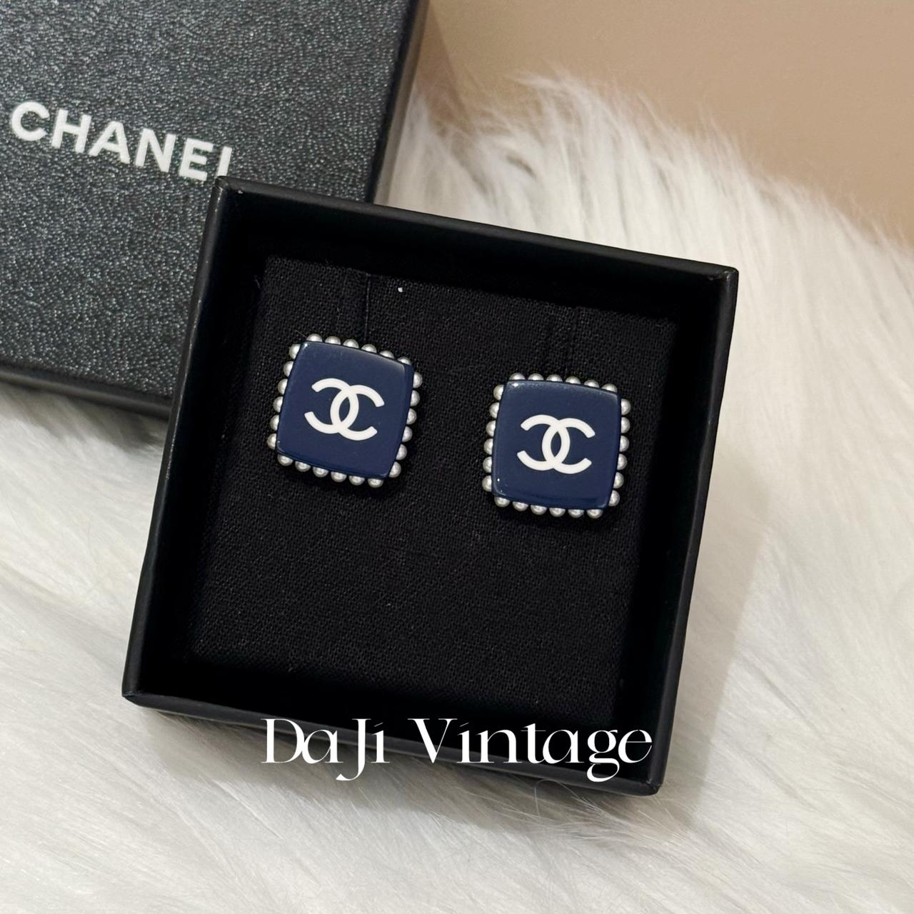 大吉中古/Chanel香奈儿双C方形蓝色珍珠耳钉