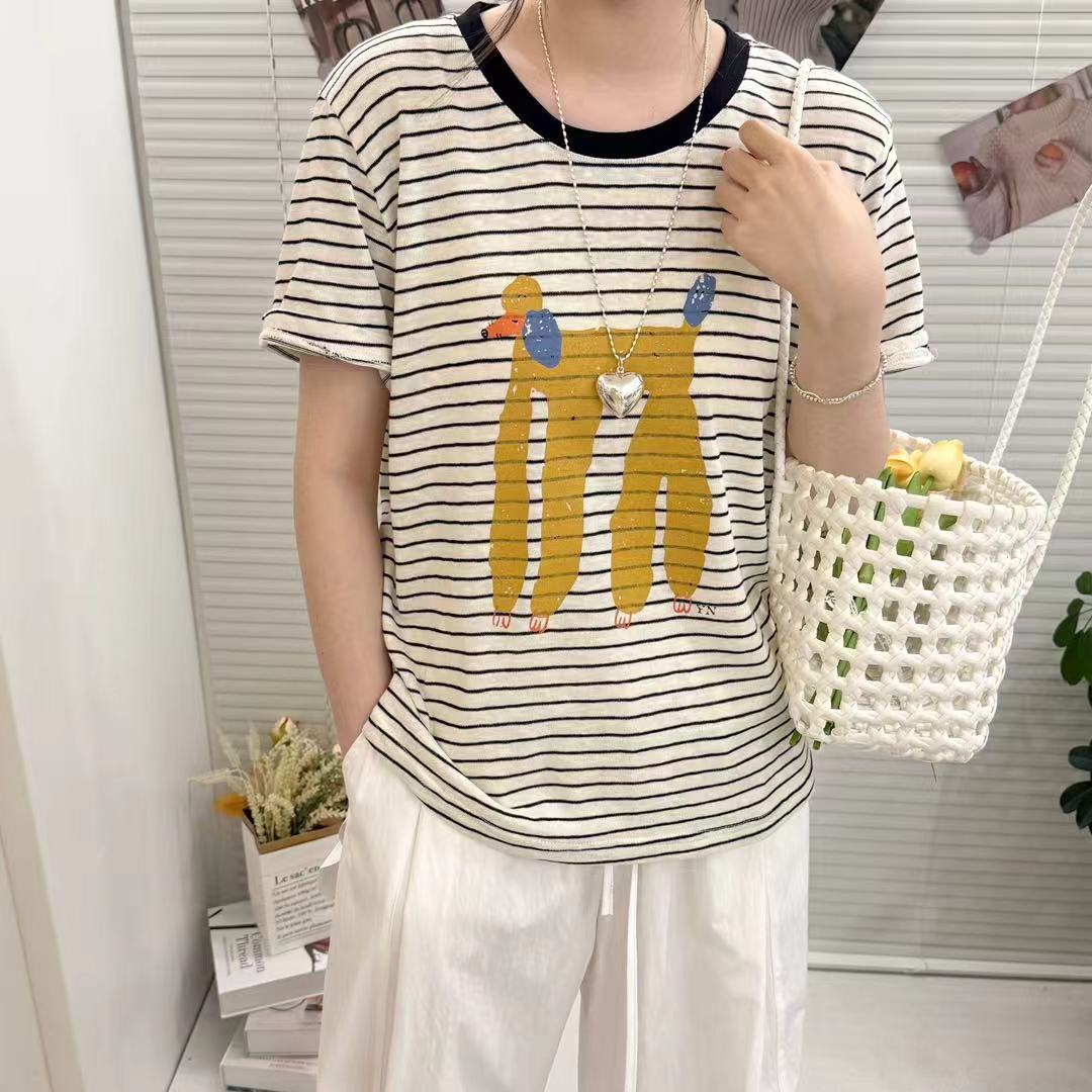 8150-1拼色圆领条纹女孩字母印花宽松短袖T恤女卡通小狗t恤