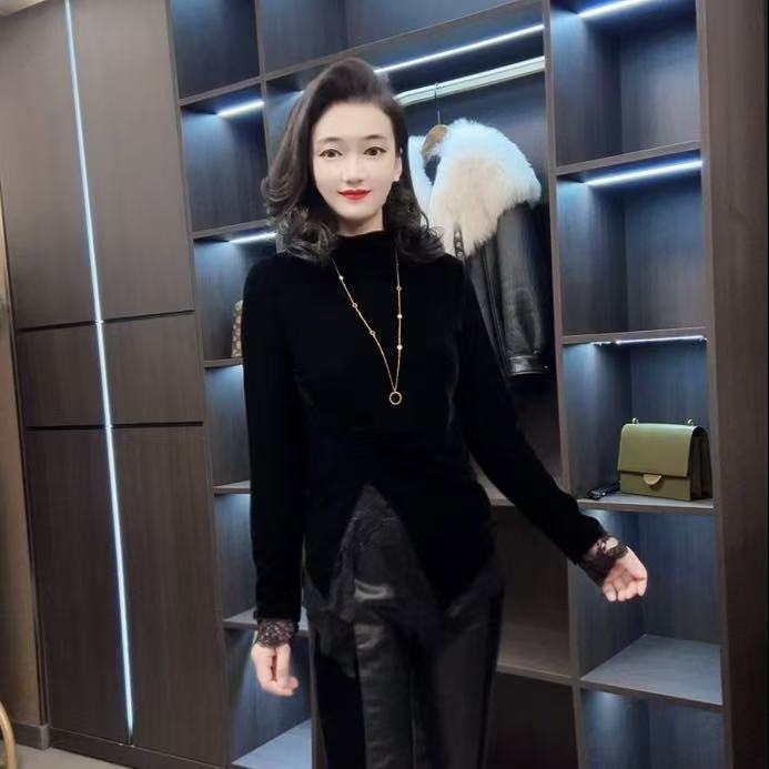 【峰姐优品】80871【WQ】女神范蕾丝边开气丝绒衫