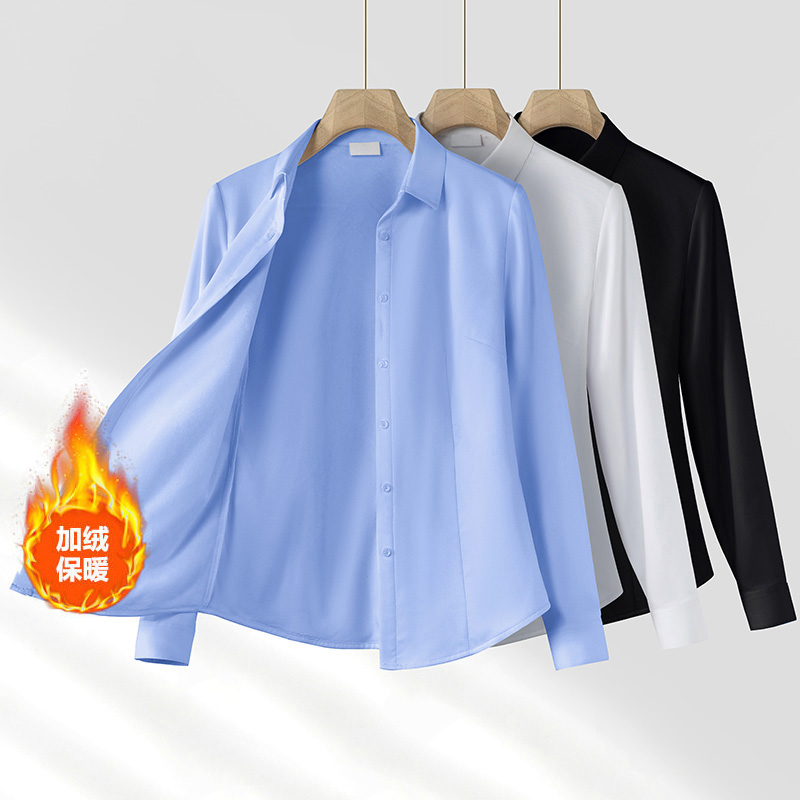 蓝色冬季加绒衬衫女士秋冬加厚保暖内搭职业正装工作服面试白衬衣