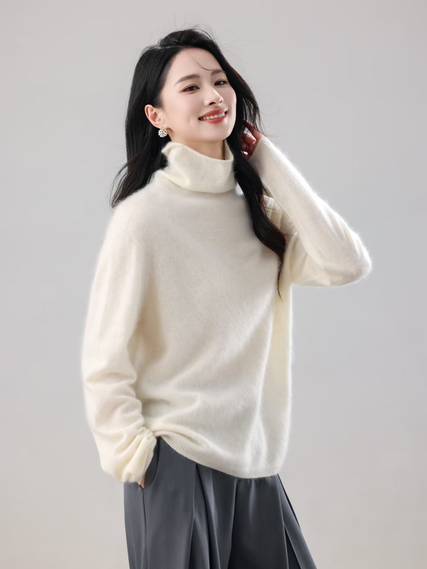 云感拉绒拉毛纯色堆堆领套头