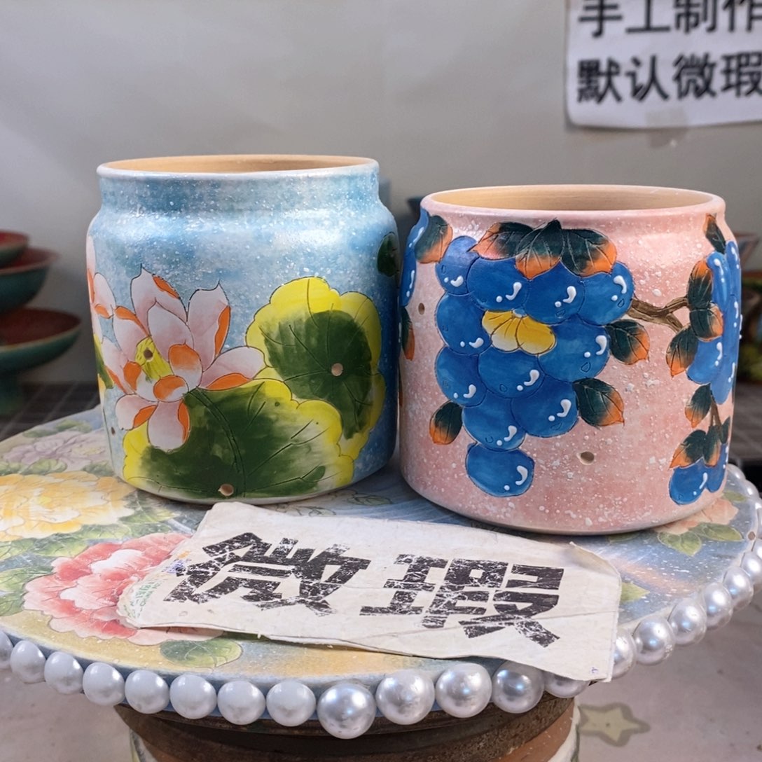 紫砂花盆红陶手绘花盆
