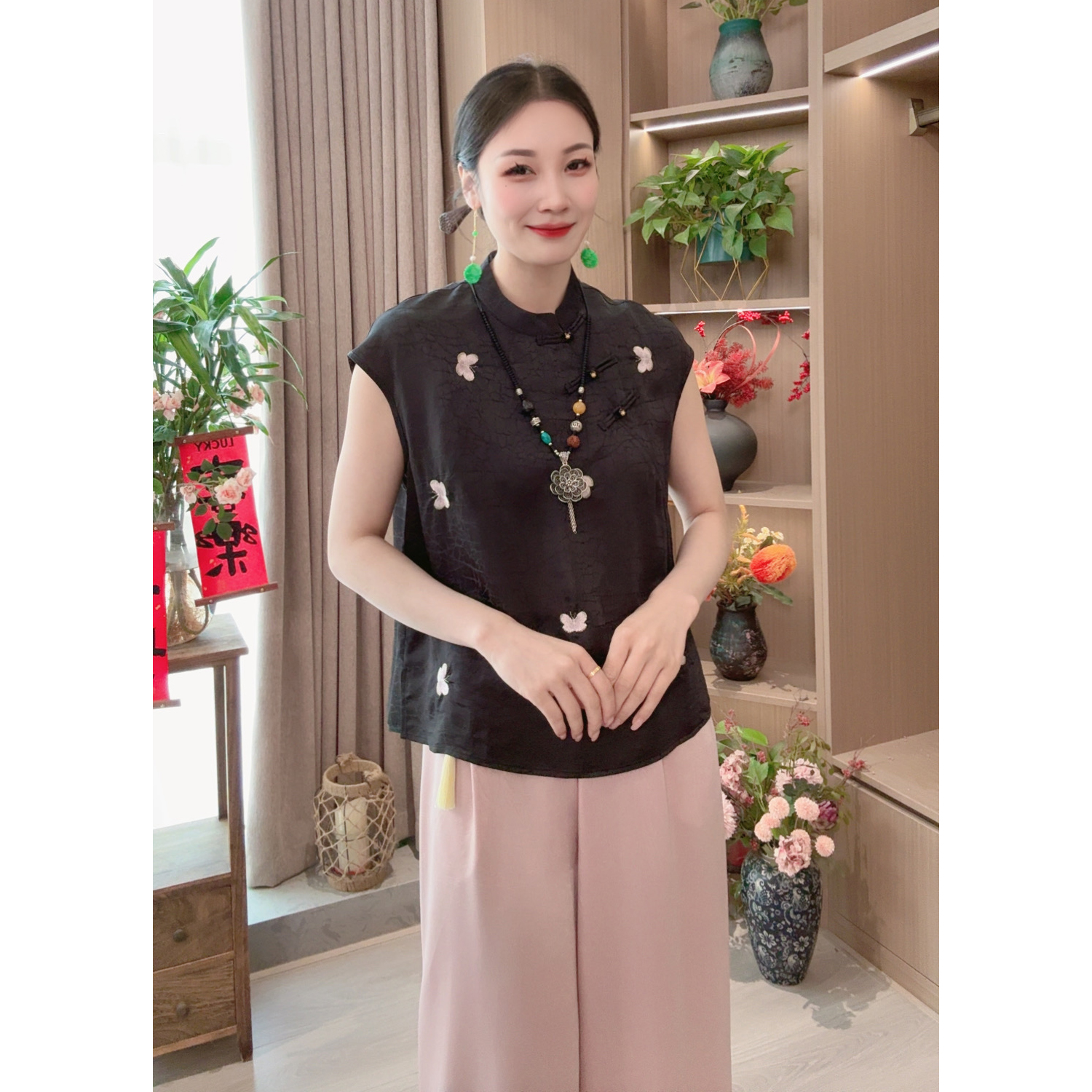 【蝶翼】夏季2025新款上衣小衫新中式女装国风立领刺绣飞袖衬衫