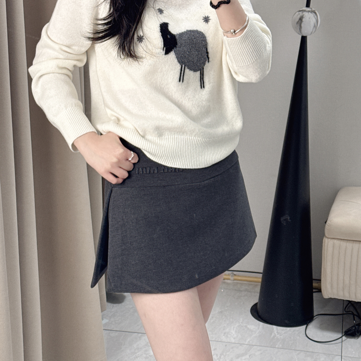 【妙女郎】刺绣字母毛呢高腰显瘦A字裙裤
