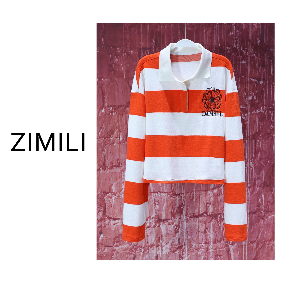 【LIANG哥女装】2025欧版设计爱玛橙条纹POLO领休闲卫衣6223