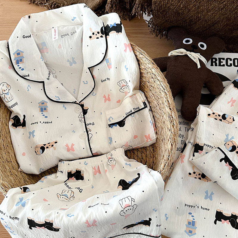 『卡通小狗』云朵棉纱睡衣少女可爱春夏季短袖长裤甜美家居服可外穿