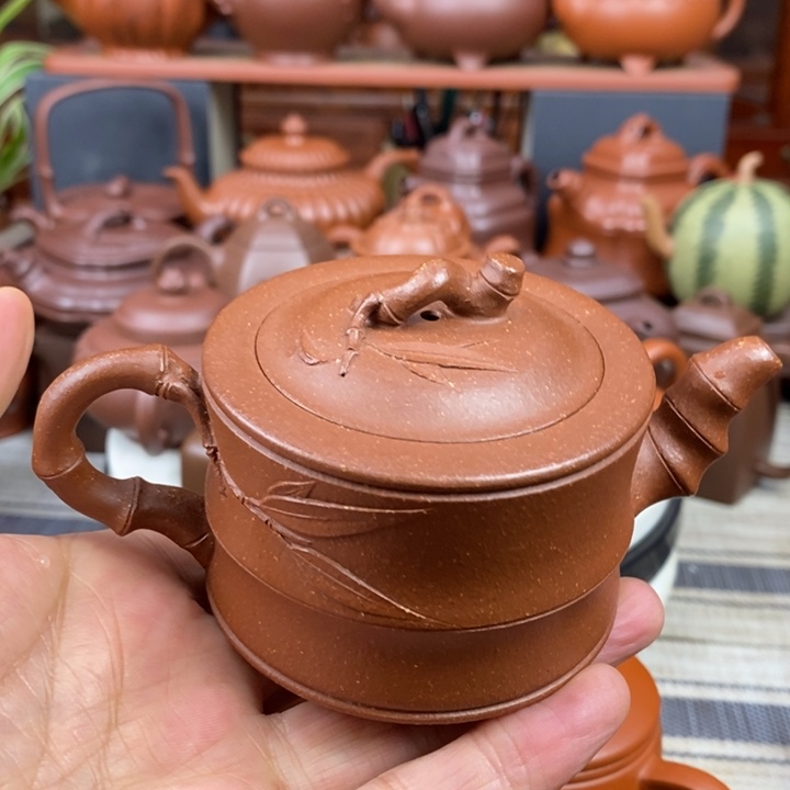 紫砂茶壶小竹段130Cc原矿宝山红降坡泥