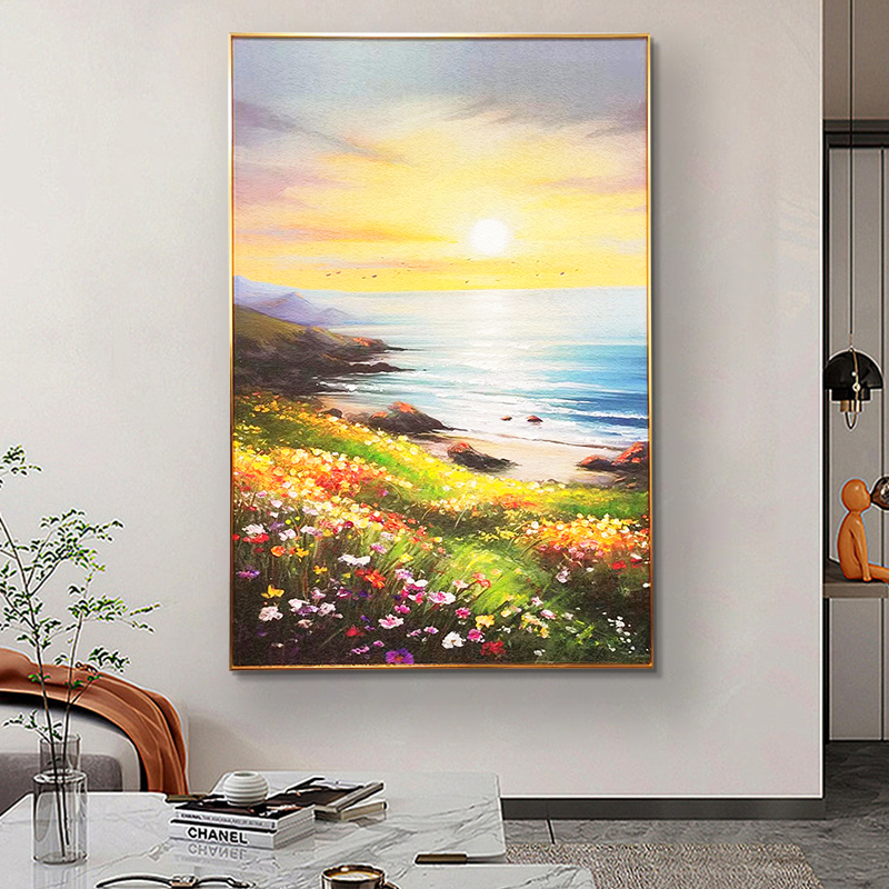 画入户玄关玄关沙发背景墙画现代简约挂画花海景日出80120