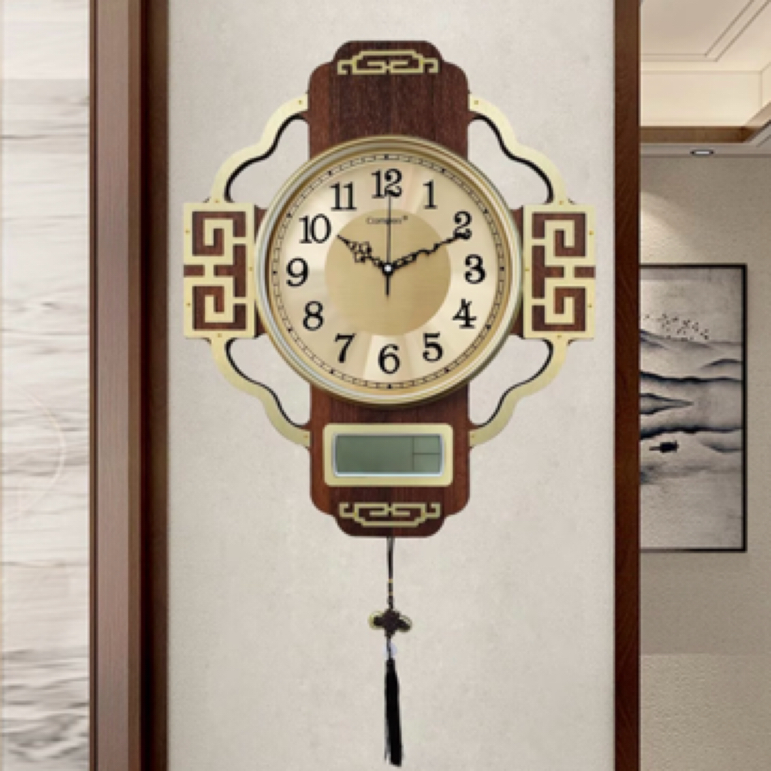 康巴丝正品木质挂钟客厅大尺寸新中式静音钟表石英钟