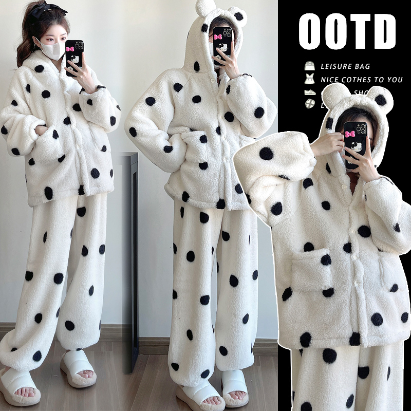 孕妇装秋冬加厚珊瑚绒休闲舒适孕妈家居服保暖睡衣甜美套装