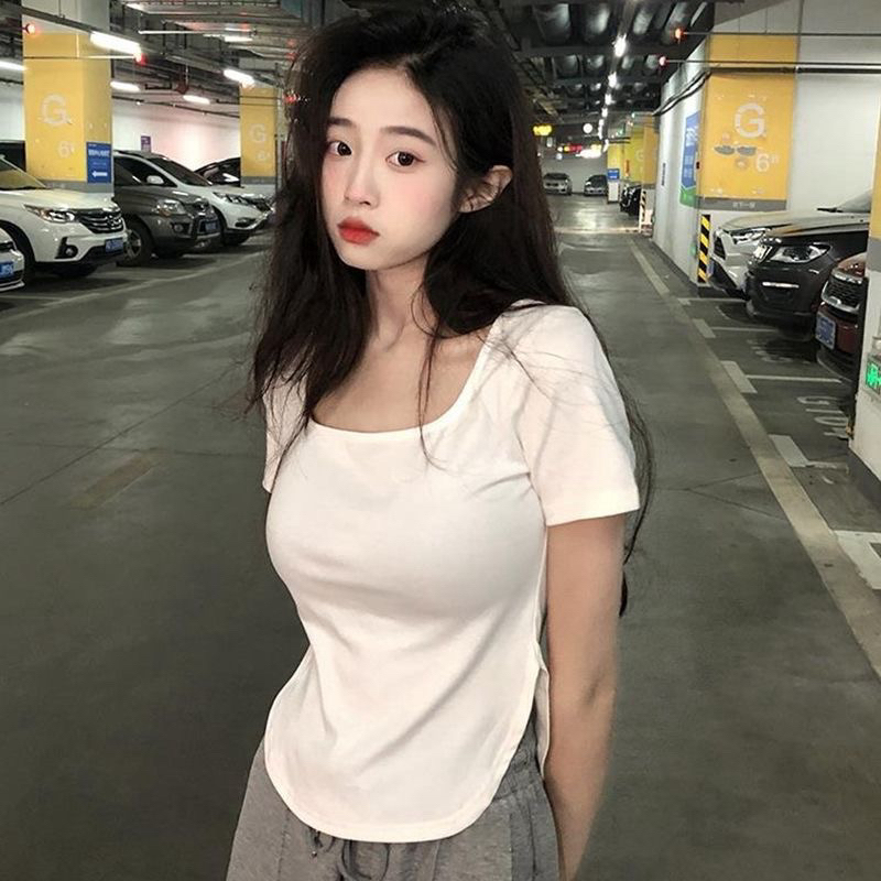 123 短袖T恤女短款纯欲正肩修身显瘦t夏季美式设计感小众辣妹方领