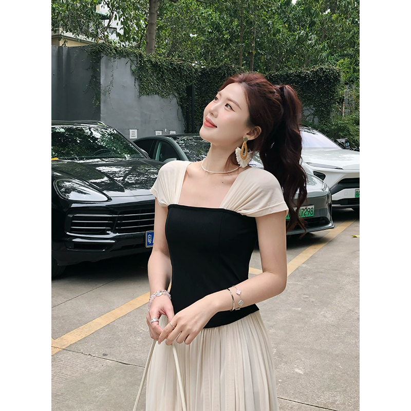【人间coco】甜辣多多2025夏季新款气质显瘦法式收腰方领拼接连衣裙