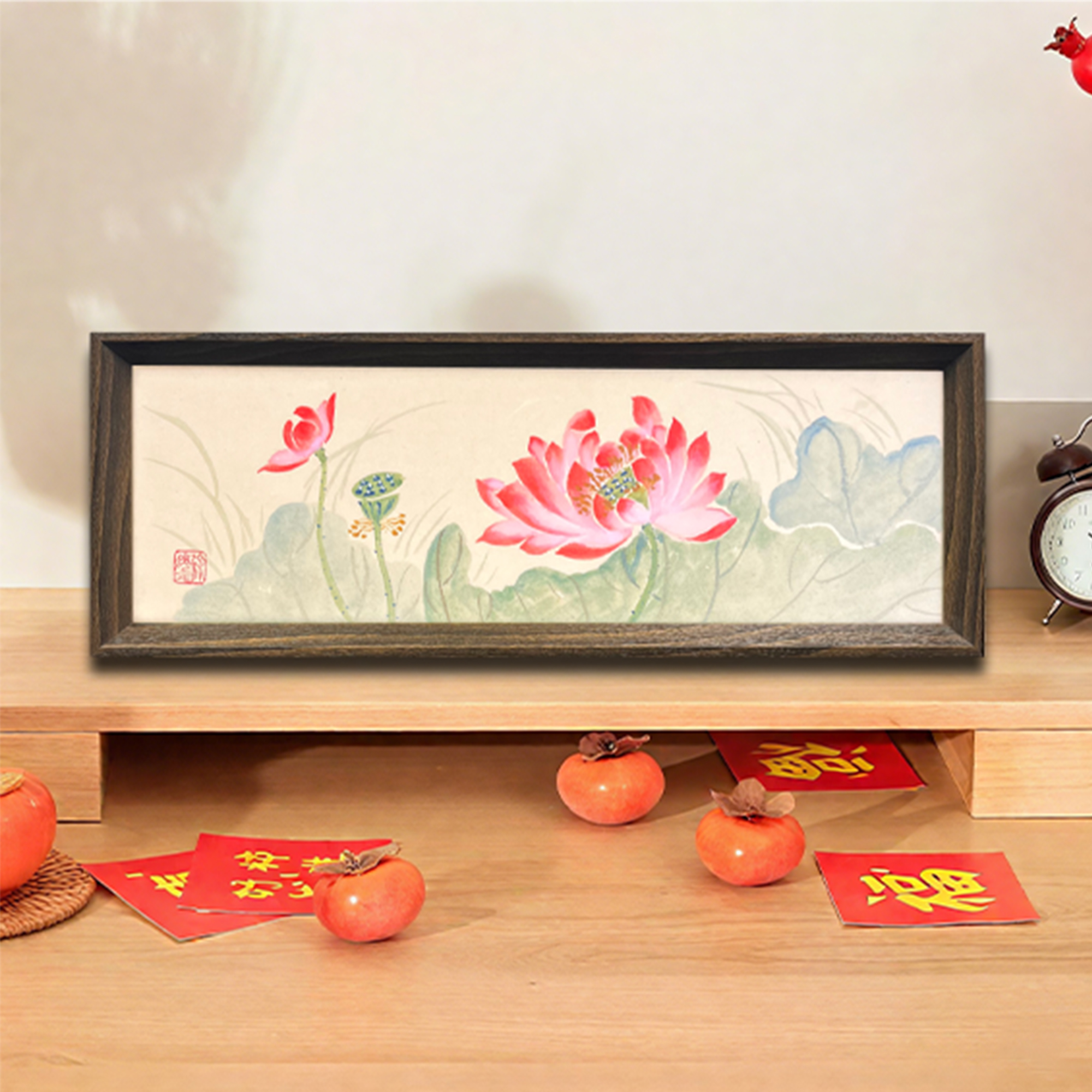 【荷花】【福利品】荷花粉金鱼短长条款书法摆台文艺桌面高级感简约