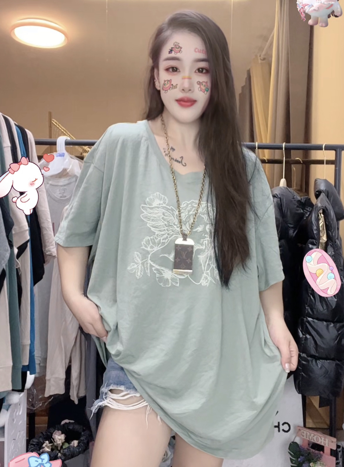 外贸纯棉大码荷花图案T恤