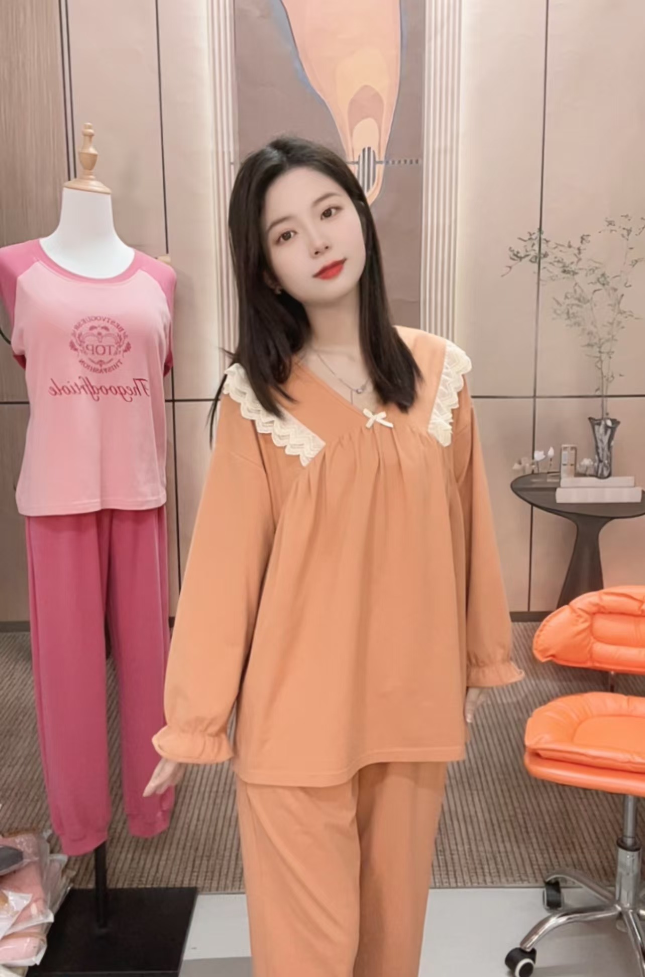 3678蜜茶色秋季长袖长裤休闲睡衣女士套装家居服