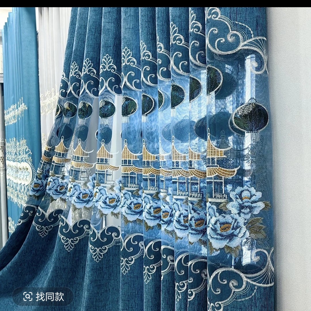 定制窗帘   雪尼尔提花面料 牡丹亭刺绣中镂空 适合阳台 客厅窗帘