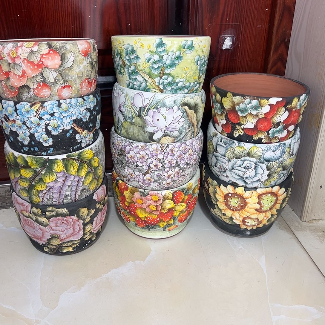 回***暮景德镇炫彩手绘陶瓷花盆