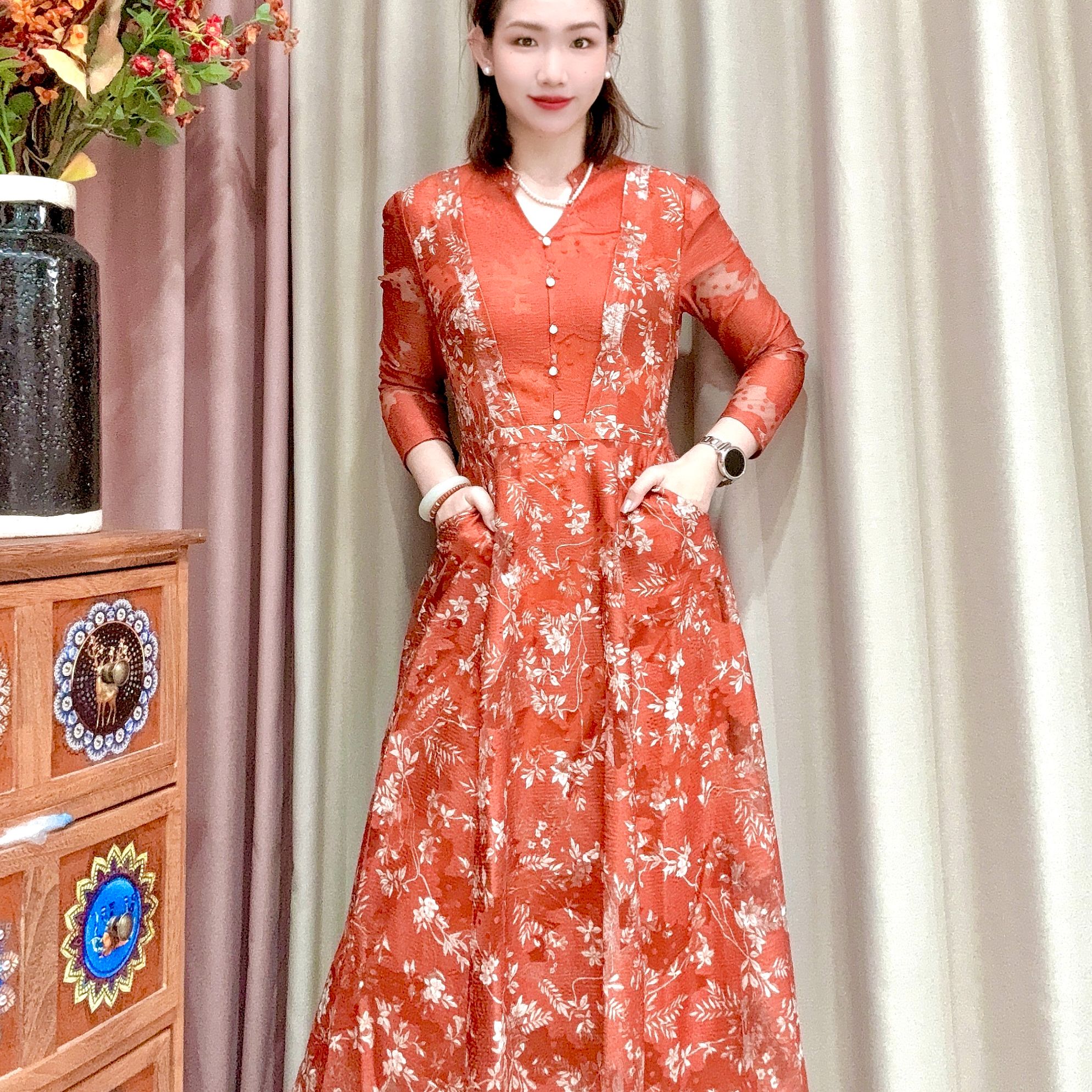 976#优雅贵气高级感修身长袖过膝口袋款连衣裙