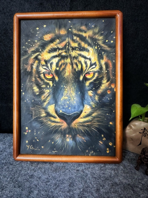 老虎油画桌面摆台画