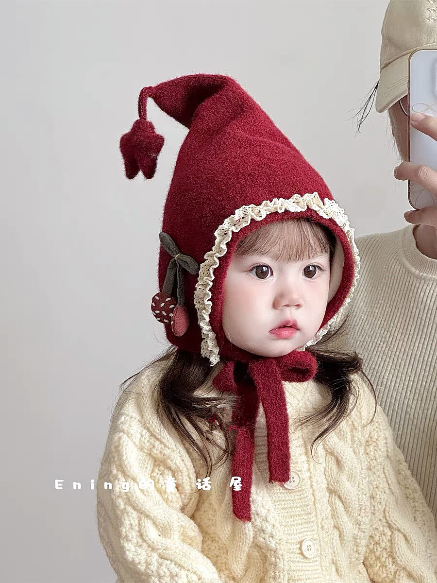 宝宝公主蕾丝边系带帽子冬季婴幼儿保暖套头帽男女小童防风护耳帽