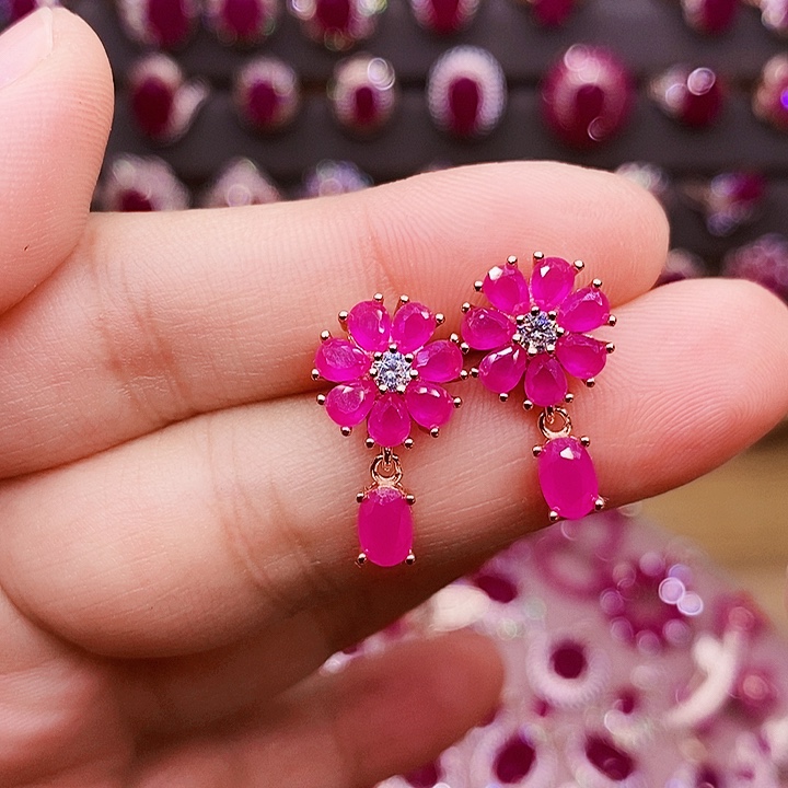 红宝石耳饰银S925镶嵌