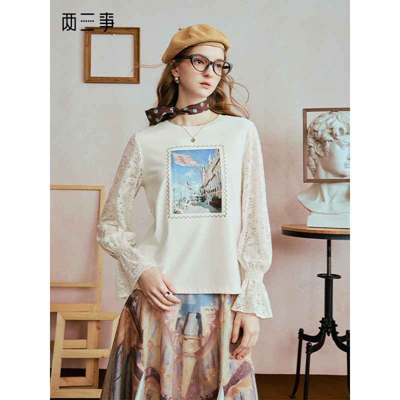 两三事物我澄明2025秋季新款甜美蕾丝拼接袖印花刺绣t恤长袖女