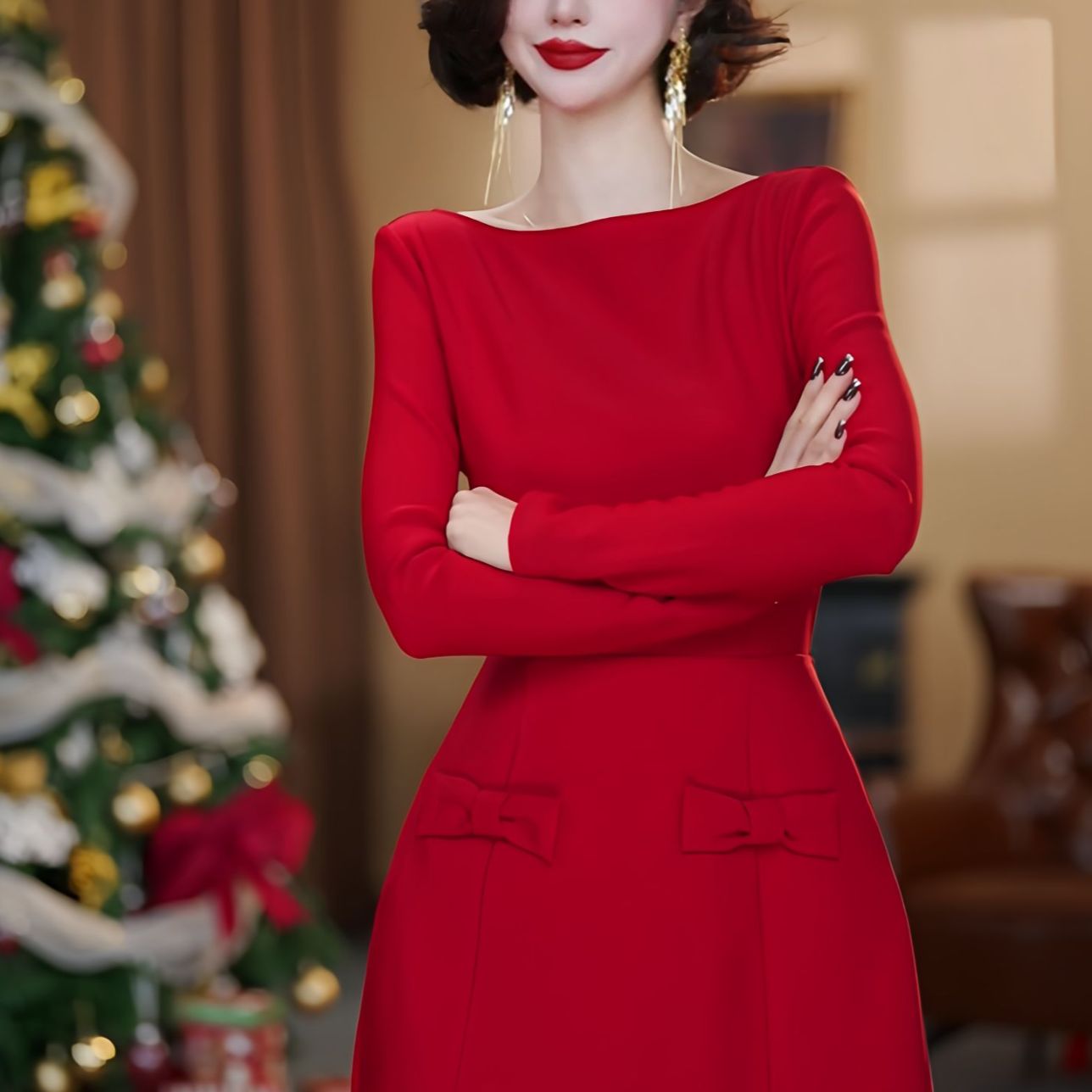 【言琰专属】秋冬款气质红色优雅轻奢中长款收腰连衣裙-DJ10093