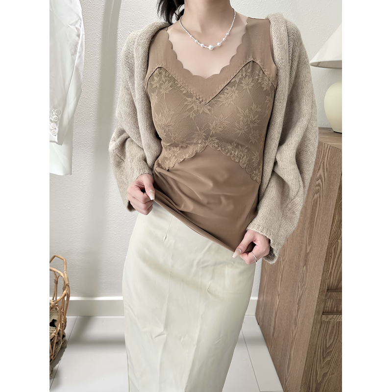 高品质螺纹绒保暖修身显瘦蕾丝拼接固定杯长款带杯垫